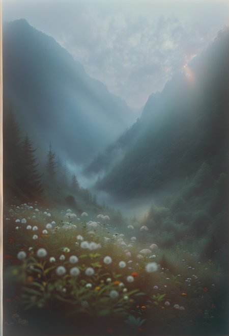 Masterpiece, 35mm photograph, a foggy mountain, trees, herbs and wildflowers, forest, sunrise, sunrays, dramatic clouds, captivates with sharp focus foreground, volumetric lighting, capturing a serene morning, film grain, award winning photography, fine textures, perfect composition, intricate, 8k, high resolution of detail, studio photo quality <lora:add-detail-xl:1.9> <lora:EnvyDyingStarXL01:0.5> <lora:RM_Enhance:1> <lora:The_Dark_Side_of_the_Earth:0.7>
