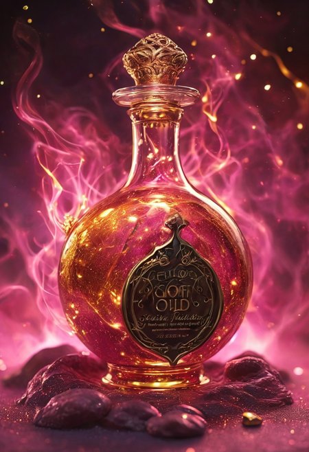 Score_9, Score_8, high_def, highest quality, 4k, best quality, masterpiece, focused, defined, Photorealistic magic potion, intricate glass bottle, elixir, vibrant pink and gold colors, glowing with a soft radiant glow, ethereal light, wax seal, radiant golden highlights, magic lights, luminous, dynamic reflections, magical aura, highly detailed, fantasy essence, glowing spark-like particles, radiant aura, with streaks of molten gold and shimmering metallic accents, evoking a sense of ethereal beauty and majesty