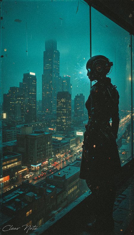 A cyborg sadly looks down on the big city. He exudes sadness more than any human could.