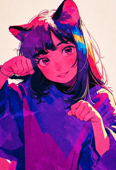 (by akai sashimi:1.25),  film grain, limited palette, colorful, rainbow palette, sketch,
masterpiece, best quality, amazing quality, very aesthetic, 
1girl, portrait, cute cat girl, cat ears, head tilt, paw pose, contrapposto, staring, nose, lips, kawaii, happy, 
<lora:nhl-001-20:0.9> nhl-001