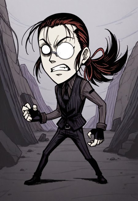 score_9, score_8_up, score_7_up, 1 boy, solo, DarkWalter, blue eyes, black hair, back slicked ponytail, red hair ribbon, monocle, monocle over left eye, black tie, black vest, black pinstripe shirt, black pants, black shoes, black fingerless gloves, keychain, looking at viewer, angry, clenching teeth, fighting stance, ruins, wires, wires swirling around, full body, blank eyes, muted colors, chibi:0.7