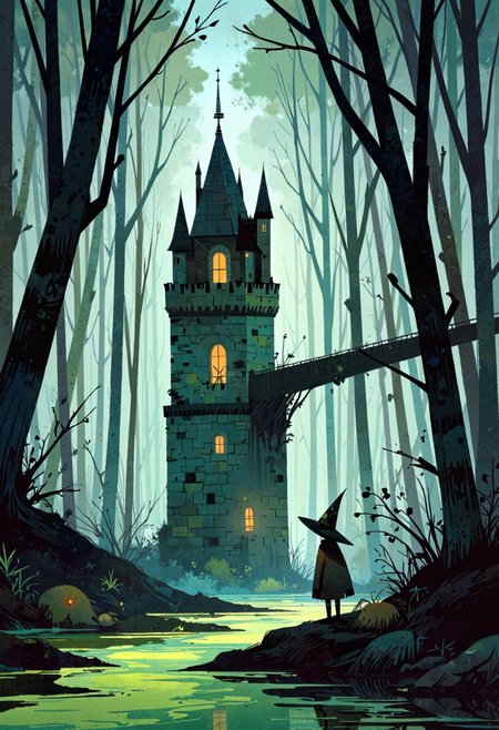 ppstorybook,A towering wizard's tower rising from the depths of an enchanted swamp, its stone walls covered in moss and vines,  glowing lanterns illuminate the tower windows, casting eerie reflections on the murky water,  will-o'-the-wisps flicker in the swamp mist,  strange and wondrous plants grow in the murky depths,  intricate details of wizard's tower architecture, swamp vegetation, and magical lighting, the background a mysterious and atmospheric swamp landscape filled with secrets and magic, rendered in a detailed storybook illustration style with dark, moody colors and soft, glowing highlights.