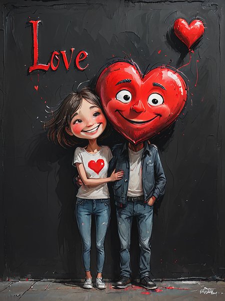 impactful color paint of cute drawing of extremely detailed Man with woman happy face , man holding big red heart with (text: "LOVE":1.2) on the black wall ,     <lora:Cute_Drawing:0.65>