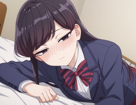 score_9, score_8_up, score_7_up, source_anime,
shoukokomi, <lora:shouko-komi-s1s2-ponyxl-lora-nochekaiser:1>,
shouko komi, long hair, bangs, black hair, black eyes, half-closed eyes,
skirt, shirt, long sleeves, bow, school uniform, jacket, white shirt, pantyhose, pleated skirt, striped, collared shirt, bowtie, red skirt, blazer, blue jacket, striped bow, striped bowtie,
indoors, bed, bed room, on side, blush, drunk,
looking at viewer, cowboy shot, dutch angle, solo,