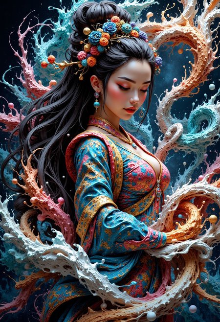 masterpiece, intricate details, waves and water transform into a stunning chinese princess, abstract, surreal colours, fractal art, mythp0rt
