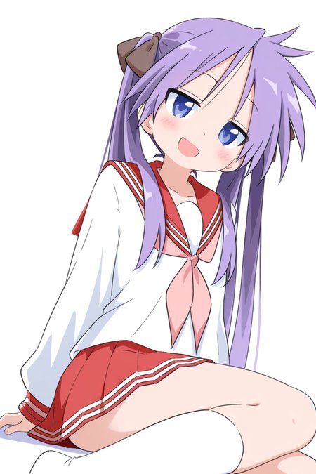 masterpiece, best quality, amazing quality,
 <lora:Cynical_IL:1> cynical, 1girl, ryouou school uniform, solo, school uniform, long hair, serafuku, skirt, twintails, white background, purple hair, socks, smile, simple background, neckerchief, red skirt, looking at viewer, pleated skirt, white socks, sailor collar, open mouth, long sleeves, blue eyes, blush, :d, sitting, kagami