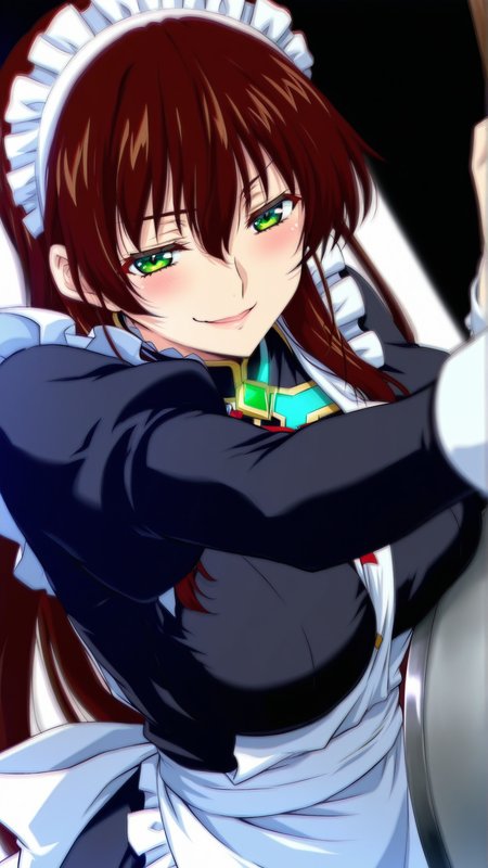 source_anime, genral, best quality, masterpiece, 1girl,  <lora:Suzune_Saijo_ill_v1.0:1> suzune_saijo\(srw\),green eyes,brown hair, long hair , maid, maid headdress, maid apron, smug, seductive smile,  dynamic pose, dutch angle, cowboy shot,