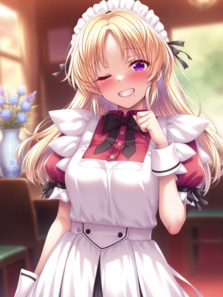 (masterpiece,best quality,ultra_detailed,highres,absurdres:1.2,amazing quality,very aesthetic),
<lora:Chi haya_ilxl_v1-000010:0.8>,1girl,blonde hair,smile,one eye closed,purple eyes,wrist cuffs,maid headdress,short sleeves,solo,puffy sleeves,blush,mole under mouth,grin,puffy short sleeves,looking at viewer,medium breasts,finger to cheek,long hair,dress,bow,white dress,mole,shirt,maid,red shirt,ribbon,indoors,vase,parted bangs,blurry background,bowtie,chi haya,