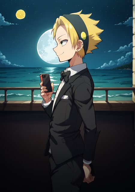 score_9, score_8_up, score_7_up, source_anime, BREAK,  Lemon_Yamabuki(TBHK), 1boy, solo, blonde hair,  short hair, headband, green eyes, smile, smug, tuxedo, black suit,  side view,  black ear piercing,  holding smartphone,  black pants hips, full body, standing, balcony, night, moon, ocean, <lora:Lemon_Yamabuki_TBHK-000010:0.9> <lora:BlackWhiplash__Whiplashaarts_XL:1>