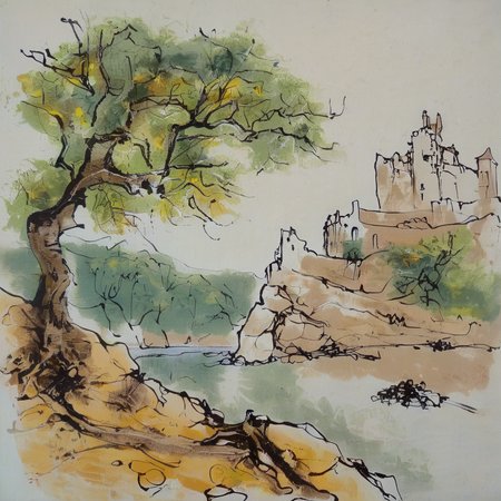 bdufour2  landscape old crooked tree in the background forest, river and castle on the rock <lora:bdufour2:1>