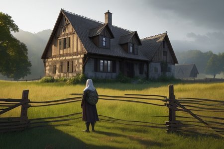 RAW photo, (masterpiece:1.3), subsurface scattering, heavy shadow, (high quality:1.4), (intricate, high detail:1.2), professional photography, HDR, High Dynamic Range, realistic, ultra realistic, photorealistic, high resolution, film photography, ambient lighting, atmospheric effects, <lora:detail_slider_v4:2>, OverallDetail, a medieval male farmer in simple clothes in front of a fantasy farmhouse, fields, fence,  fantfa, <lora:FantasyFarm:0.7>
