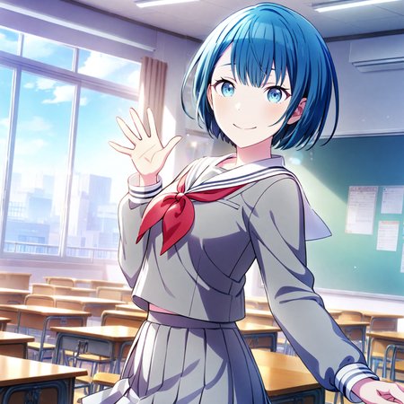 1girl, kiritani haruka, project sekai, masterpiece, very aesthetic, absurdres, official art,
blue short hair, blue eyes, hair over ear, 
miyajyo salor, grey serafuku, white sailor collar, red neckerchief, grey pleats skirt, 
looking at viewer, smiling, waving, 
indoors, school, classroom, large window, white lace curtain, day, sun light,
 <lora:sdxl-vbs-SeifukuKh03:0.9:lbw=0,0,0.2,0.2,0,0.4,0.4,0,0.8,0.8,0,0,0,0.8,0.8,0.6,0.8,0.0,0.0,0.0,0,0,0,0,0,0>