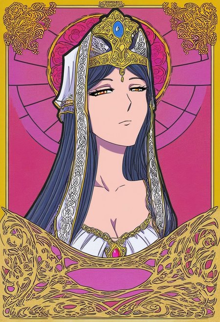 tarot card of the high priestess, long dark hair, busty, cleavage, older woman, 50 years old, seductive expression, jewelry, medieval drawing, jimf, 1girl, goddess, stylized,  art nouveau, celtic ornamental intuitive, unconscious, divine feminine, frame, masterpiece, great art, high quality, best quality, 8k, bright psychedelic colors, graphic art, cover art,
