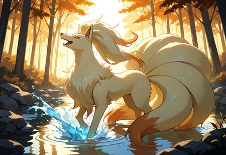 masterpiece, best quality, solo, forest,  zzNinetales, female, amber eyes, playing, in crystal-clear pond, glowing water ripples, serene and tranquil atmosphere, soft lighting, detailed water effects, fur, fluffy tails, fluffy body, (partially submerged), wet fur, warm lighting, action shot, happy, joyful, splashing, mouth open, teeth, fangs, viewed from side