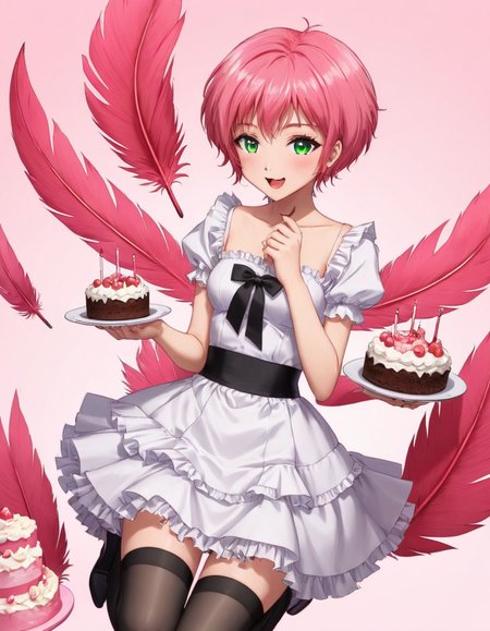 1girl,solo,black_ribbon,black_thighhighs,blush,cake,cake_slice,collarbone,dress,dutch_angle,eating,feathers,food,frilled_dress,frills,from_above,holding,holding_food,looking_at_viewer,nail_polish,open_mouth,red_feathers,ribbon,short_sleeves,simple_background,supreme_(module),thighhighs,white_background,white_dress,<lora:Aelita_code_lyoko_For_SDXL_V1.0:0.5>,small breasts,green eyes,pink hair,short hair,unaestheticXL_Alb2,