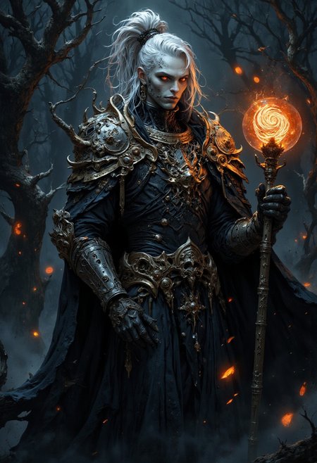 highly detailed cinematic photo, A tall, androgynous figure with ghostly pale skin and flowing white hair stands in a portrait shot. Their glowing red eyes pierce through the darkness, framed by ornate dark armor with gold detailing on the shoulder plates and breastplate. A billowing dark cloak partially obscures their form, adding movement to the stillness. They hold a long staff topped with a swirling fiery orb in their right hand, casting a warm glow against the dark, twisted trees in the background. Embers float in the air, creating a mystical and intense atmosphere