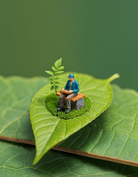 score_9, score_8_up, score_7_up, microworldslora, 1man sitting on a tiny bench on a leaf