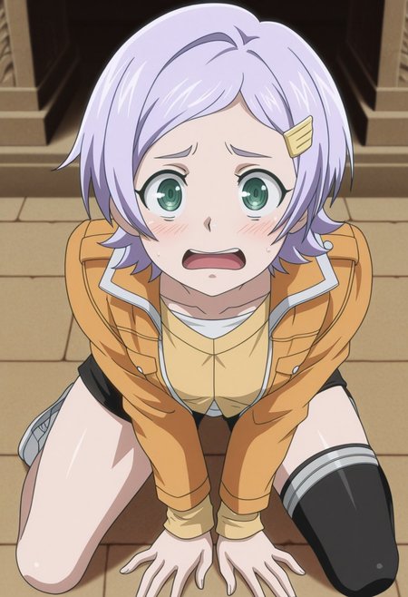 masterpiece,perfect quality,best quality,absolutely eye-catching,absurdres,highres,newest,anime coloring, anime screencap,(1girl,solo), Goll, purple hair, short hair, green eyes, orange jacket, black shorts, black thighhighs, asymmetrical legwear, popped collar, kneeling, on ground, open mouth, nervous, blush, looking at viewer, greek temple, ((from above))