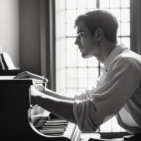 score_9, score_8_up, score_7_up, score_6_up, flmgr, flmgr, film grain, cinematic, cinematic light, 1boy, male focus, piano, window, solo, instrument, backlighting, indoors, monochrome, shirt, from side, profile, upper body, short hair, sleeves rolled up, long sleeves, collared shirt, paper, greyscale, blurry, realistic