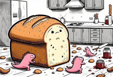 th3s1mpl3st comic, A group of five axolotls, no bigger than a childâs hand, each straining as they try to lift an enormous loaf of bread, their arms extended upward as they wobble under its weight. One axolotl is at the front, gripping the crust with both hands, while two axolotls at the back push with their shoulders, their faces showing determination. The loaf, textured with golden-brown cracks on its surface, looks like a mountain above them, crumbs falling as they shuffle across the wooden floor. In the background, towering kitchen cabinets loom above them like skyscrapers, casting long shadows that stretch toward the axolotls. A giant knife rests nearby, its polished blade reflecting the axolotls' efforts, and a spilled jar of jam creates a sticky river to one side, trapping their tiny feet if they step too close., the axolotls have pink frilly gills and round black eyes