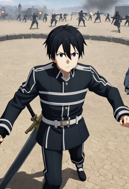 high resolution, professional photography, best quality, 1Boy, Kirigaya Kazuto, Black Hair, Black Eyes, war, virtual world, sword fighting, overalldetail