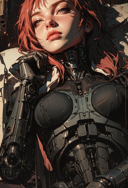 Upper body portrait of a female cyborg invoker in a relaxed pose as she rests her hand on a formidable weapon in a dimly lit setting. The atmosphere is ominous yet intriguing, with shadows casting eerie silhouettes and dust particles floating lazily in the air. The cyborg invoker's upper body is meticulously detailed, from her mechanical limbs to her intricate cybernetic implants that seamlessly blend with her human features. The image focuses on her expressive eyes and the subtle details of her face, including pores and freckles. The strategic use of light creates a dramatic scene, enhancing the vivid textures and shades. The style is modern dark fantasy digital painting with some sci-fi influence and an almost ethereal feel and somewhat painterly quality, but is still linear with lines and boundaries. This arresting image presents a mesmerizing blend of sci-fi aesthetics with human emotion, inviting viewers to ponder the intersection between mankind, technology, and destiny within the dark confines of the shadows. <lora:sxz-Dark-Fantasy-v2-Flux:0.5><lora:RetroAnimeFluxV1:0.6><lora:OBååå®èåç»V2.0:0.6><lora:FluxMythG0thicL1nes:0.6>