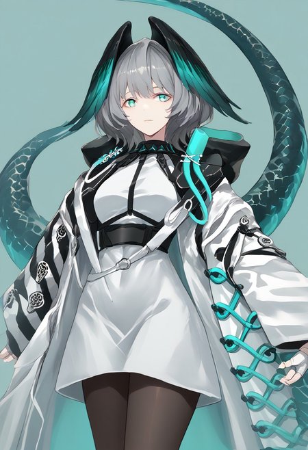 score_9, score_8_up, score_7_up, score_6_up, score_5_up, score_4_up, source_anime, 1girl, solo, 
Hoolheyak, short hair, grey hair, head wings, snake tail, aqua eyes, white dress, bodycon dress, short dress, white coat, black sleeves, white sleeves, two-tone coat, wide sleeves, belt, black collar, jewelry, fur-trimmed coat, hood down, open coat, black pantyhose, fingerless gloves, white gloves, 
masterpiece, best quality, very aesthetic, absurdres,