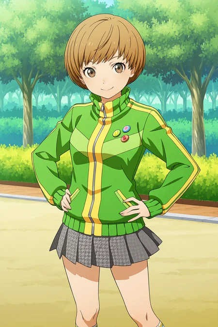 <lora:StS-Illustrious-Detail-Slider-v1.0:4>
girl is 18 years old,
outdoors, 
 <lora:Chie_Satonaka_Persona_4:1>
1girl, satonaka chie, solo, brown hair, track jacket, skirt, short hair, jacket, brown eyes, hands on own hips, standing, socks, button badge, cowboy shot, smile