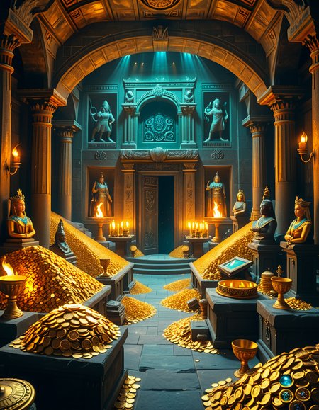 A hidden treasure chamber deep within an ancient temple, illuminated by the warm golden glow of torches and mystical blue light from enchanted crystals. The room is filled with piles of gold coins, jewel-encrusted goblets, and ancient artifacts covered in dust. Massive stone statues of forgotten deities guard the chamber, their eyes glowing faintly as if watching intruders. In the center, a grand pedestal holds a legendary artifactâan ornate golden crown encrusted with emeralds and sapphires, shimmering with an otherworldly aura. The walls are adorned with intricate carvings depicting lost civilizations, and creeping vines hint at centuries of abandonment. The atmosphere is mystical and slightly eerie, with a sense of both wonder and danger. The air is thick with the scent of aged parchment and burning incense, adding to the chamberâs ancient and mysterious feel. Cinematic lighting with dramatic shadows enhances the depth and richness of the scene, creating a visually stunning and immersive environment.
<lora:SDXLFaeTastic2400:0.4> <lora:extremely_detailed:0.4> extremely detailed, <lora:treasure_ch4mb3r:1>,treasure ch4mb3r, Masterpiece,best quality,hi res,8k,hi res,8k,award winning,(sharp focus, intricate, highly detailed),