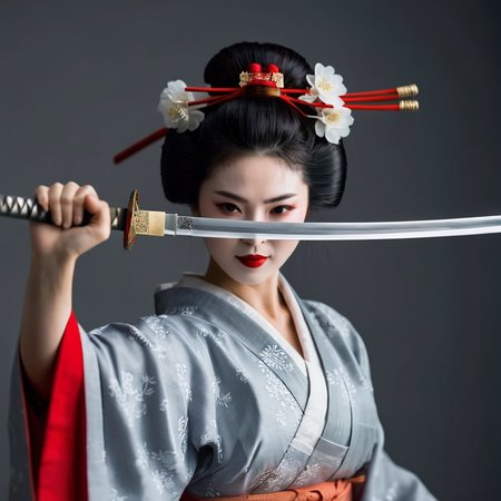 cinematic film still of  <lora:female samurai style v2:1>
medium shot, an epic cinematic photo of a geisha woman holding a sword with bother hands, looking at camera with red lips and cute smile, in a grey background, female samurai style, shallow depth of field, vignette, highly detailed, high budget, bokeh, cinemascope, moody, epic, gorgeous, film grain, grainy