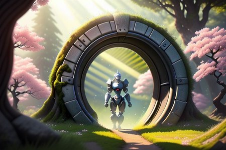 (masterpiece, best quality), (1girl in front:1.2), walking through a steel portal, scifi powerarmor,  glowing portal, grass, moss, open door, light rays, trees, Sakura, Cherry blossom, other world background, uhd, photo, realistic