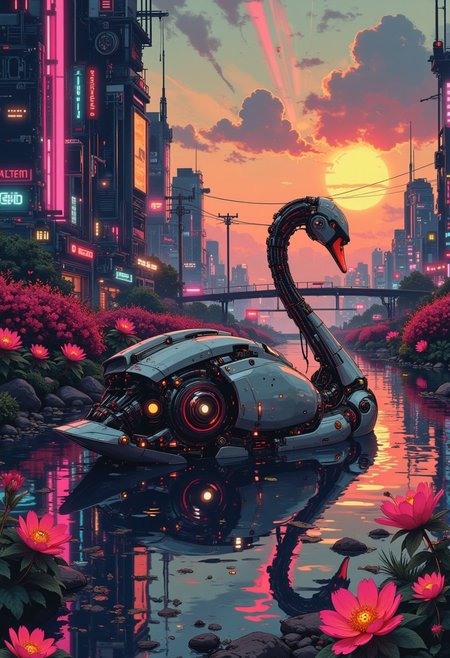 In a serene, glassy pond surrounded by holographic blossoms, a cyborg swan with luminescent metal plumage rests, its sleek body blending mechanical precision and natural grace. The sunset above casts long beams of radiant orange and soft purples across the scene, highlighting the intricate details of the swan’s cybernetic enhancements. In the distance, a futuristic city stretches towards the horizon, its high-rises reflecting the sky’s fading colors. As the swan moves, the gentle ripples in the pond create a mesmerizing dance of light, evoking a sense of peace and wonder in this sci-fi paradise.