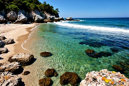 Stable_Yogis_PDXL_Positives,<lora:sdxl_lightning_8step_lora:1>,Depict a secluded beach with rocky outcrops and tide pools filled with colorful marine life, The gentle waves lap at the shore, creating a peaceful and inviting atmosphere,âââ