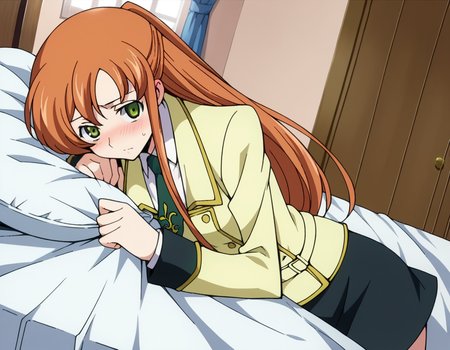 score_9, score_8_up, score_7_up, source_anime,
shirleyfenette, <lora:shirley-fenette-s1-ponyxl-lora-nochekaiser:1>,
shirley fenette, orange hair, green eyes, half updo, long hair,
ashford academy school uniform, buttons, long sleeves, necktie, school uniform, skirt, black skirt,
indoors, bed, bed room, on side, blush, drunk,
looking at viewer, dutch angle, cowboy shot, solo,