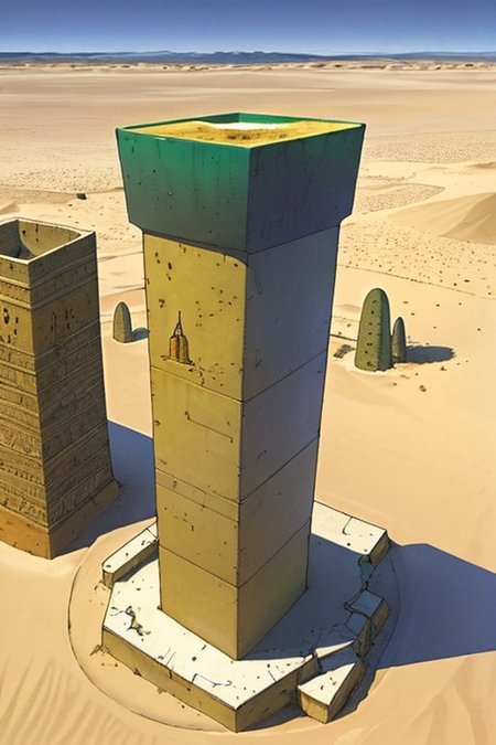 a cylinder tower on a desert,, medieval fantasy, moebius style, fantasy, desert, artwork