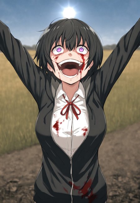 high contrast, masterpiece, best quality, amazing quality, very aesthetic, high resolution, ultra-detailed, absurdres, (solo, 1girl), k_short, black hair,bob cut,purple eyes,hair between eyes, k_clothes,white shirt,red ribbon tie,black jacket, PraiseTS-V1.0, \o/,  outstretched arms, praise the sun,  arms up, addmicrodetails, straight-on, smile, looking up, daylight, sun, blue sky, (blurred background, field of depth:1.3), gojoendef, crazy eyes, crazy smile,  looking at viewer, smile, open mouth, upper body, teeth, tongue, blood, outstretched arms, blood on face, blood on clothes,