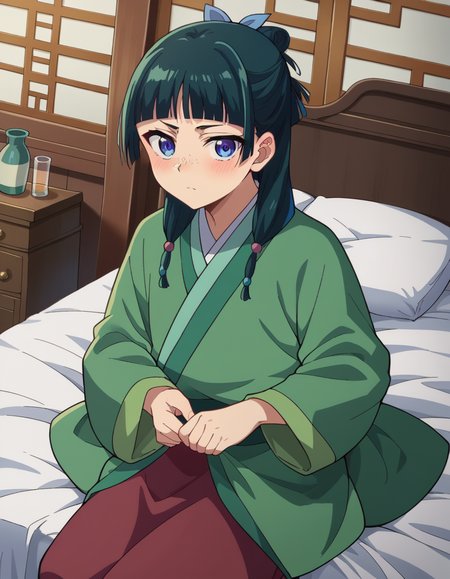 score_9, score_8_up, score_7_up, source_anime,
maomao, <lora:kusuriya-maomao-s1-ponyxl-lora-nochekaiser:1>,
maomao, long hair, bangs, blue eyes, hair ornament, green hair, blunt bangs, freckles, hair bun, single hair bun,
japanese clothes, robe, green robe, long sleeves, wide sleeves, skirt, red skirt,
indoors, bed, bed room, on side, blush, drunk,
looking at viewer, cowboy shot, dutch angle,