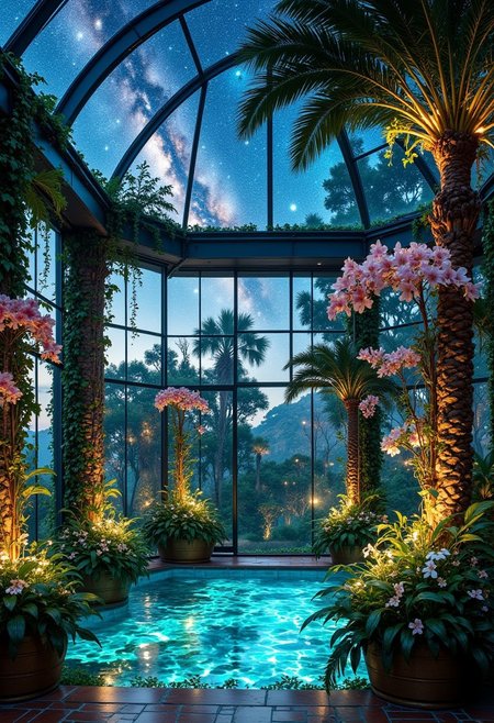 The Meteor Blossom Ballroom
A glass-encased ballroom at the edge of the cosmos, where silver ivy and nebula orchids bloom from floating brass planters. The ceiling shifts, revealing meteor showers that seem to dance in time with the music.