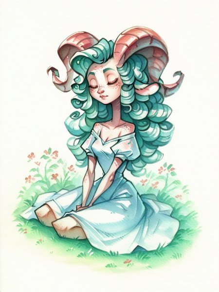score_9, score_8_up, score_7_up, score_6_up, score_5_up,  <lora:grimzziXLP:0.8> grimzzi, 1girl, solo, horns, dress, closed eyes, green hair, sitting, long hair, white dress, curly hair, animal ears, traditional media, grass, freckles, white background