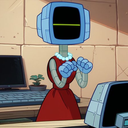 score_9, score_8_up, score_7_up BREAK, KarenSB, 1girl, robot girl, metal body, blue computer head, black screen, blue hands, wheels, pearl necklace, sleeveless red dress, green led smiley face,