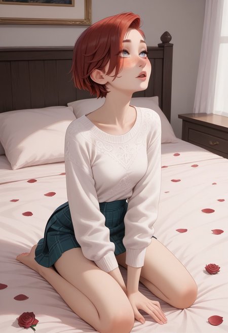score_9, score_8_up, score_8, semi realistic, (perfect detailed face, detailed fingers, perfect face, detailed eyes). solo,
 ((1girl)), slim, medium breasts, short hair, red hair, shaved side  , undercut ,  grey eyes, freckles, dark makeup, 
 black winter sweater, short skirt,
blush, on knees, on bed, looking up,
pink bedroom,  girly bedroom, roses, rose petals, rose petals on bed, valentine, romantic atmosphere,