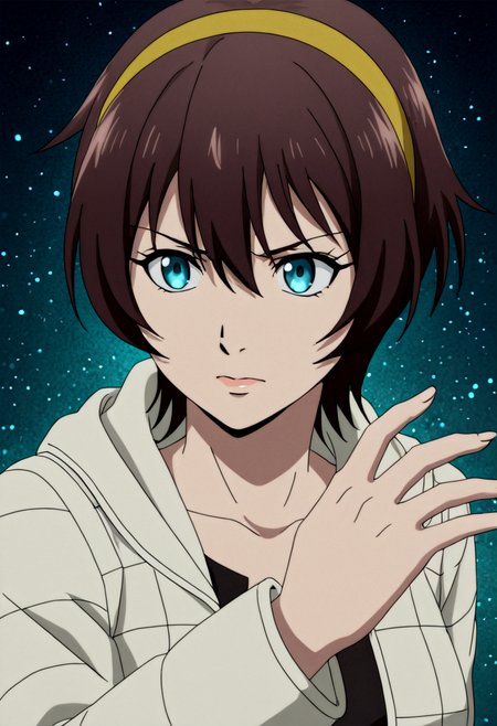 <lora:Yuu_IL_V3:0.9>,masterpiece, best quality, intricate details, gothic fantasy, upper body portrait, dramatic pose, confident gaze, cinematic lighting, clean background, glowing magical particles, detailed face, vibrant colors.,
Yuu_WhiteJacket,1girl,brown short hair,hair between eyes,blue eyes,medium breasts,yellow hairband,jacket,long sleeves,hood,