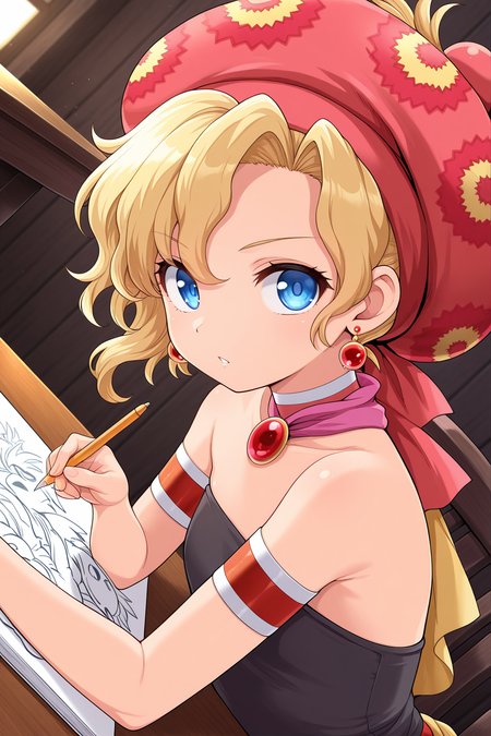 1girl, RelmArrownyFinalFantasy, 
general, solo, pov across table, dutch angle, from side, upper body,
short hair, blonde hair, wavy hair, blue eyes,
hat, earrings,
choker, jewelry, scarf, 
armband,
strapless,
sitting, looking at viewer, serious, parted lips, sketching, holding pencil, holding sketchbook,
fantasy, indoors, table, 
<lora:kp_RelmArrownyFinalFantasyIllustrious_v1_0:1.0>,
masterpiece, best quality, amazing quality