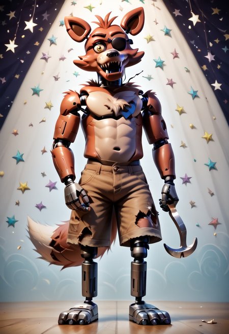 score_9, score_8_up, score_7_up, solo male, FoxyPirateFNAF1, yellow eyes, (hook, hook hand, hook for left hand:1.1), eyepatch on left eye, robot, withered animatronic, robot joints, animatronic, damaged body, red fur, brown shorts, torn clothing, chest tuft, head tuft, cheek tuft, shoulder tuft, metal legs, fox tail, fangs, biped, smirk, smug, grin, standing, bent legs, spread legs, full-length portrait, standing, cool, psychedelic background, star pattern, confetti, looking at viewer, 
BREAK
highly detailed, shading, highres, Masterpiece, perfect lighting, zPDXL3, detailed background
