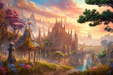 landsknecht, paper-cut, fairy tale, delicate scene, rime, crystal flower, landknt, with a hat, with armor, beard, long hair, mustache, FanLan, An expansive, beautifully illustrated medieval fantasy city viewed from a hilltop in the distance, surrounded by lush, dense forests. Majestic stone gates stand at the entrance, with wagons and travelers arriving along winding dirt roads. The city is full of intricate, towering buildings with pointed roofs and castles rising above the skyline, all bathed in warm, golden sunlight. Flags flutter in the breeze, and you can see market stalls near the gates. The forest trees are rich in detail, with leaves swaying in the wind. The artwork is highly detailed, vibrant, and full of life, creating an enchanting, immersive scene,