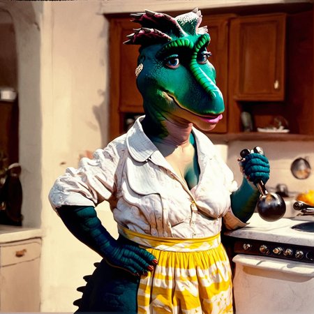 score_9,score_8,score_7,source_furry,
<solo:2.5>,
<1girl:2.5>,
furry, furry female, dinosaur, dinosaur girl,tits, cleavage,tail, dinosaur tail, green skin, green fur,
fran_sinclair, fran_dinosaurs, dinosaur girl, safe, official art, official style, 1girl, solo, female focus, shirt, looking at viewer, indoors, smile, white shirt, hand on hip, pants, floral print, holding, standing, kitchen, apron,
 <lora:Fran_Sinclair_Dinosaurs_-_TV_Show:1> fran_sinclair
