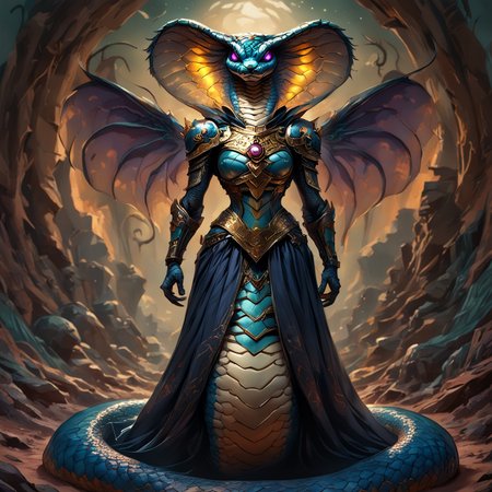 anthropomorphic_snakes_(naga), snake eyes, scales, masterpiece, best quality, amazing quality, very aesthetic, dynamic angle, face focus, depth of field, small breasts, A digital illustration shoot from a frontal camera angle about a futuristic female snake-like creature standing confidently in a desert landscape during sunset. the image also shows a dramatic rocky landscape with a tall, obelisk-like structure in the background. on the middle of the image, a female snake warrior, who appears to be in her mid-twenties, stands confidently with her full body facing the viewer, wearing a dark, metallic armor with a blue, flowing cape. she has a sleek, serpentine-like body and a large, purple head with glowing purple eyes. her armor is detailed with intrianthropomorphic_snakes_(naga)e designs and has a glossy finish. she is wearing a black dress with a flowing cape, and her body is slim. the background features rocky cliffs and a dramatic sunset sky with orange and pink hues, adding to the dramatic effect of the scene.  1anthropomorphic_snakes_(naga), solo, breasts, looking at viewer, blue eyes, dress, closed mouth, medium breasts, standing, full body, outdoors, wings, armor, glowing, colored skin, glowing eyes, colored sclera, glowing hair, glowing lips, glowing tail, scales, armor on body, rock formations, pg safe,amazing, (anthropomorphic_snakes_(naga):0.7000000000000001), ( ArsMJStyle, Wonderland:0.7000000000000001), (Midjourney3PXL-B:0.34), (MJ:0.36), end_delft_morph<lora:pony\Anthropomorphic_snakes_Naga-pony.safetensors:0.7000000000000001:0.7000000000000001> <lora:pony\midjourney\WonderlandPony_r1.safetensors:0.7000000000000001:0.7000000000000001> <lora:pony\midjourney\Midjourney3PXL-B.safetensors:0.37:0.37> <lora:pony\midjourney\MJXLP.safetensors:0.43:0.43> <lora:pony\Midjourney_Porcelain_DelawareDelft_Morph_XL.safetensors:0.56:0.56>