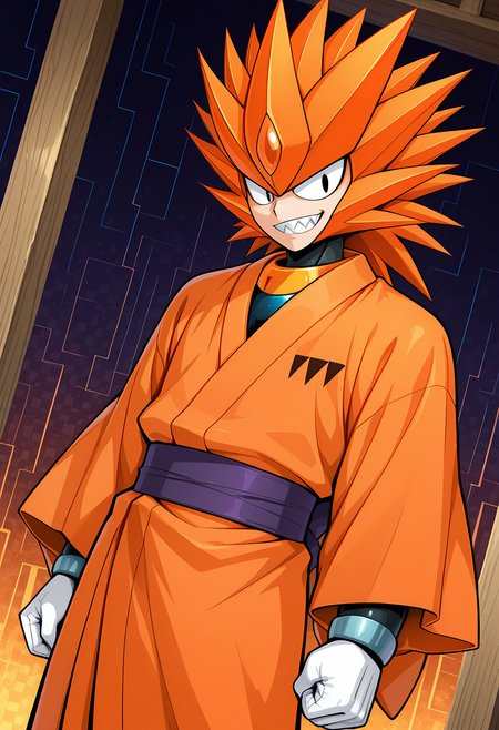 masterpiece, best quality, amazing quality, dutch angle, abstract background, BREAK
1boy, solo, android, mm7_slash, orange hair, black eyes, sharp teeth, yukata, japanese clothing, BREAK
<lora:cfg_scale_boost:.6>  <lora:Slash_Man_-_Mega_Man_7_-_ILXL:1>