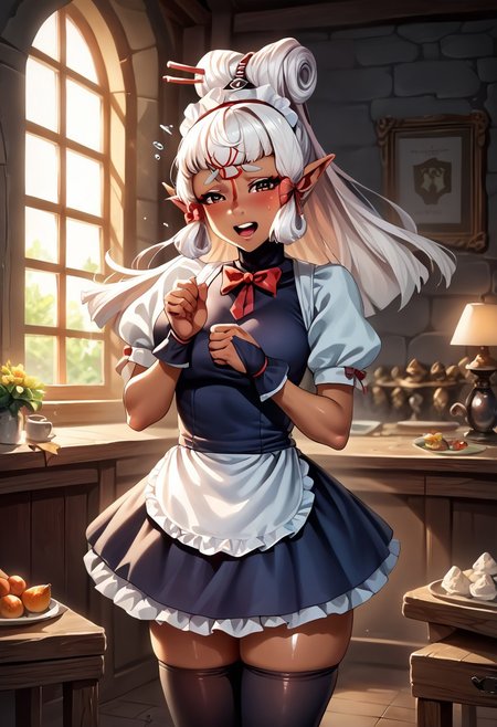 sscore_9, score_8_up, score_7_up, score_6_up, score_5_up, score_4_up, source_anime, , (best quality) , (highly detailed) , (best quality) , (highly detailed) ,((masterpiece)), ((best quality)), (ultra-detailed), ((extremely detailed)), (high resolution), 4K, (8K), best quality, (beautiful), (dynamic lighting), (super detailed skin),, shiny skin, masterpiece ,absurdres ,detailed face ,beautiful face , paya, elf ears, pointy ears, Dark skin, high ponytail, Dark Skinned Female hair ribbon, dynamic pose,standing at attention, White Hair
,<lora:fatesmaid-fe-richy-v1_pdxl:1> fates maid, maid headdress, maid apron, bridal gauntlets, black thighhighs, smile, open mouth, half-closed eyes, blush, embarrassed, shy