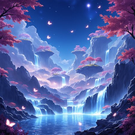 <lora:FLUXHoyoverse_art_style:1> hvstyle,  <lora:Hand v2:1> hand, detailed hand, perfect hand, : Viral anime nature wallpaper in 4K quality, in the style of digital illustration
inspired by Satoshi Kon, depicting a dreamlike garden with floating islands, waterfalls
cascading down, and glowing butterflies; surreal and vibrant color temperature, cosmos
lighting with stars twinkling in the sky, no human characters, the atmosphere is surreal and
mesmerizing --v 5 --stylize 1000